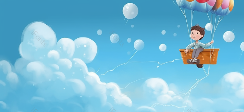 儿童节蓝天白云小孩子手牵气球蓝色背景插画手绘图,插画/手绘图,插画/手绘图库,插画/手绘图下载,插画/手绘